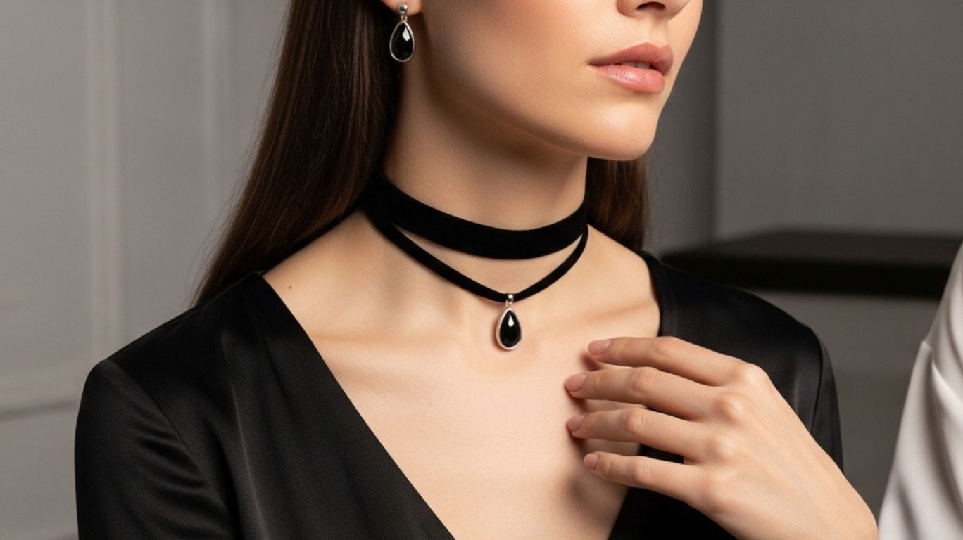 Elegant fashion editorial image of a woman wearing a black choker, styled in a refined outfit that highlights its timeless elegance, femininity, and versatility as a must-have jewelry accessory that elevates everyday and formal fashion looks.