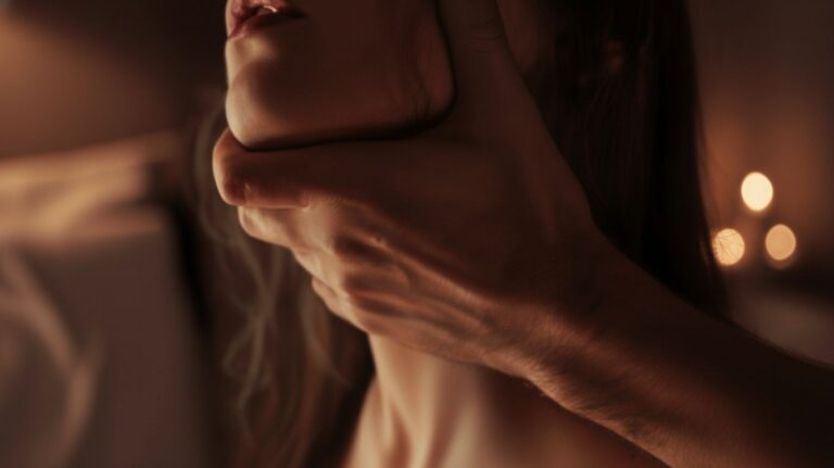 A hand firmly grips someone's neck, with blurred lights in the background, representing sexual choked