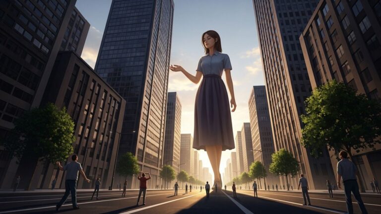 A cinematic fantasy scene inspired by a giantess story, showing a massive giantess woman towering over a modern city with tiny humans below looking up in awe, emphasizing scale contrast and imaginative storytelling.