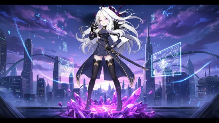A character with long white hair and purple eyes stands on purple crystals in front of a futuristic city skyline at dusk. The character wears a dark uniform with gold accents and has a sword sheathed at their hip. Holographic screens displaying data float in the air around them.