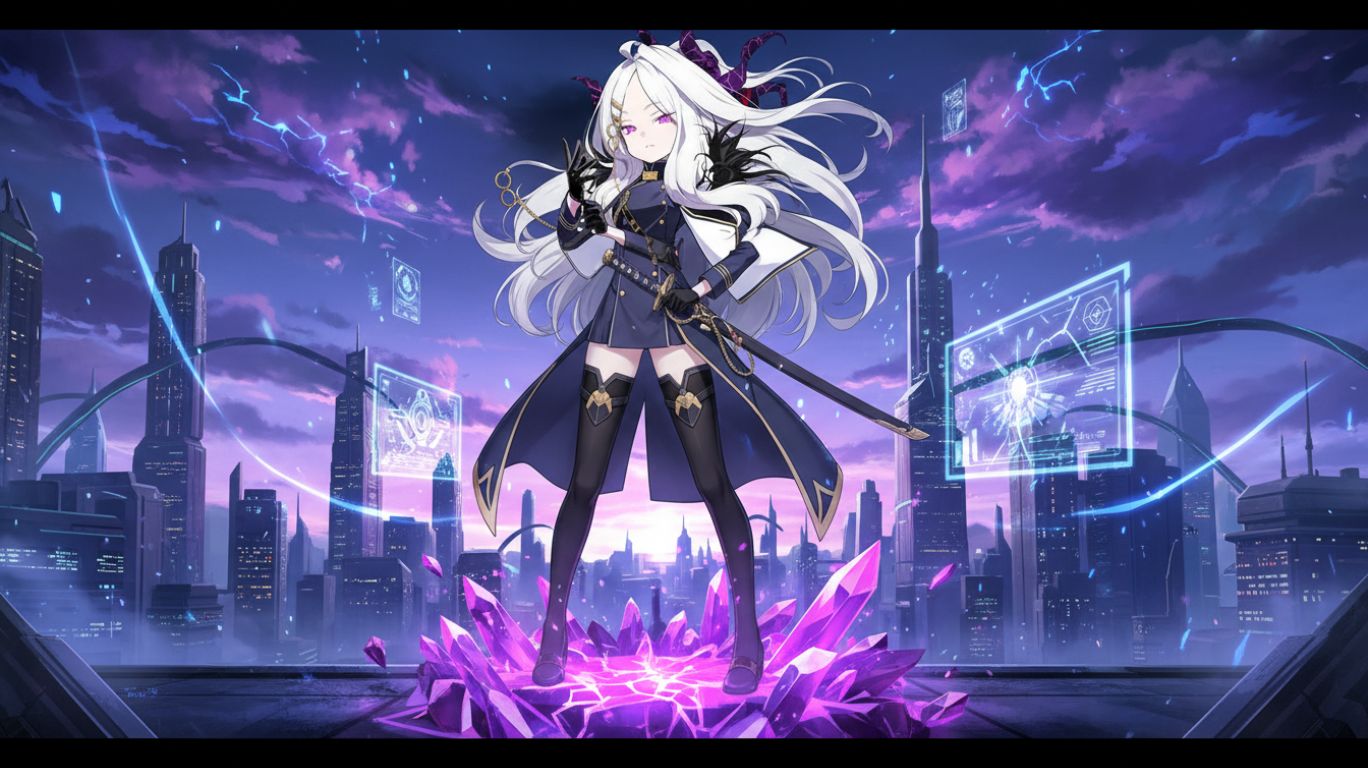 A character with long white hair and purple eyes stands on purple crystals in front of a futuristic city skyline at dusk. The character wears a dark uniform with gold accents and has a sword sheathed at their hip. Holographic screens displaying data float in the air around them.