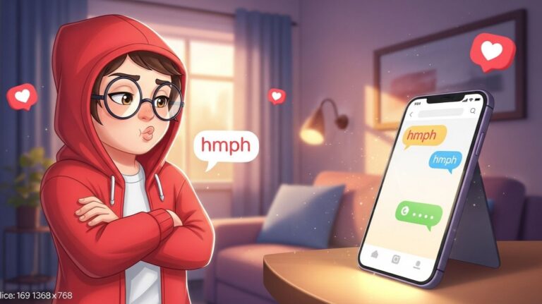 Playful character pouting while texting “hmph” in a cute online chat, showing flirtatious and expressive digital conversation mood