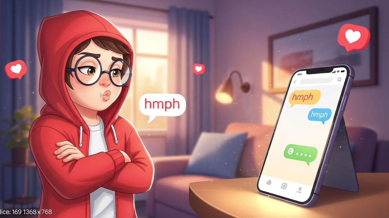 Playful character pouting while texting “hmph” in a cute online chat, showing flirtatious and expressive digital conversation mood