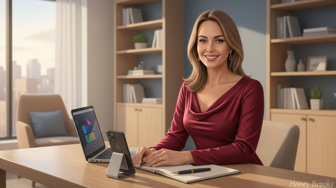 Illustration of a responsible adult content creator in a professional NSFW workspace, emphasizing safe and respectful online content, featuring Honey Brooks.