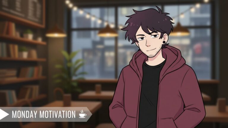 A cartoon illustration of a Kade with purple hair wearing a maroon hoodie and a black shirt, standing in a cafe with shelves of books and plants in the background. A "Monday Motivation" banner with a coffee cup icon is visible on the left.