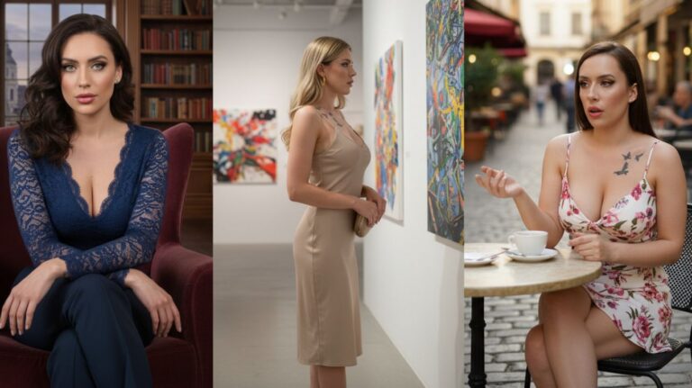 Triptych image of a creator lifestyle showing identity building across a library, art gallery, and café setting with cohesive kinkyshibby branding and digital presence theme