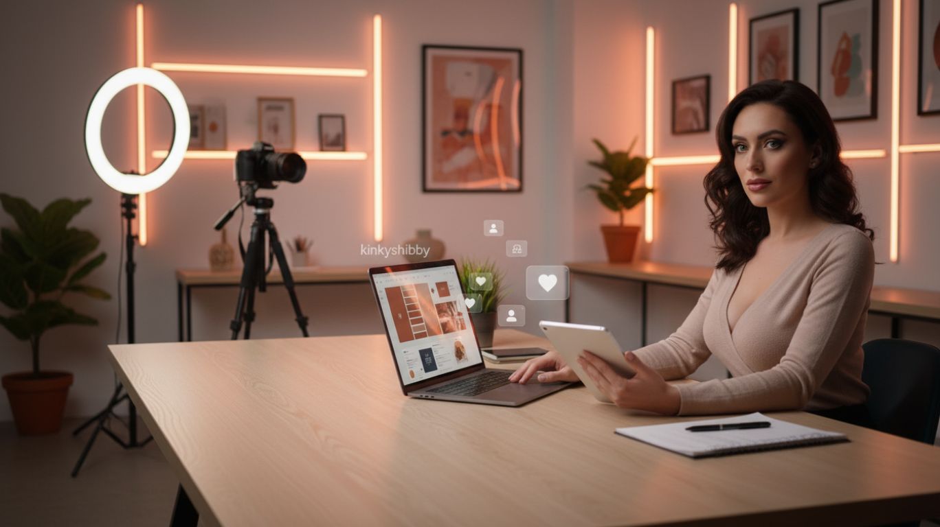Content creator building a strong online identity through branding, consistency, and social media strategy, featuring kinkyshibby-themed digital workspace setup
