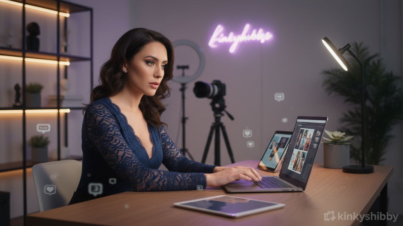 Independent creator using a private content platform like EroMe in a modern workspace, showcasing digital content creation and fan engagement concept with kinkyshibby branding