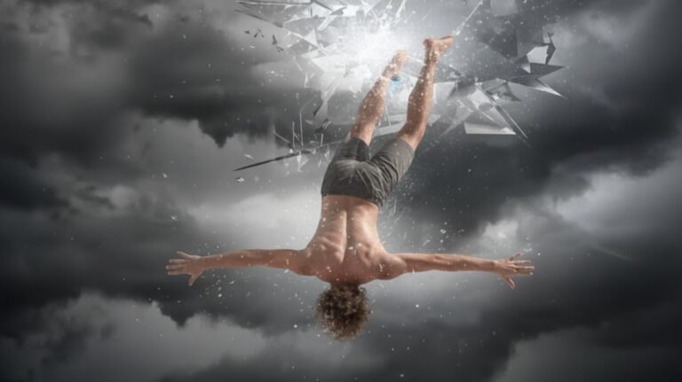 A person falls through a shattering glass ceiling against a stormy sky, represneting lucifer fallen angel