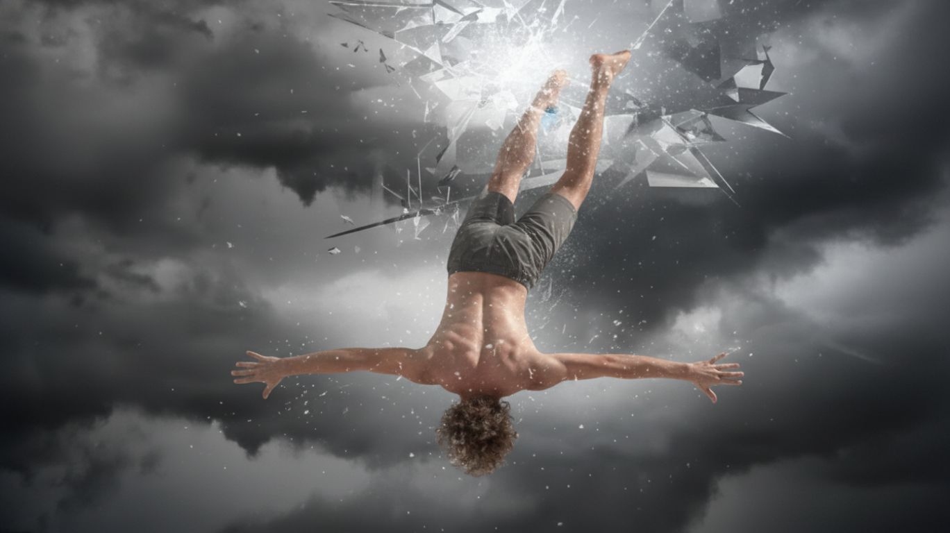 A person falls through a shattering glass ceiling against a stormy sky, represneting lucifer fallen angel