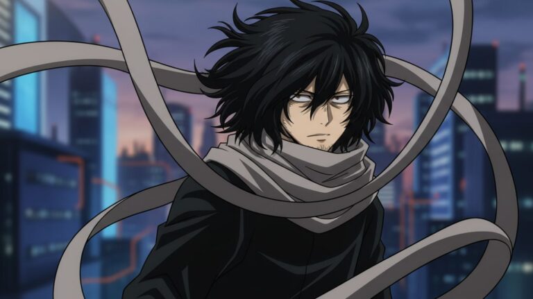 Mha Aizawa, a man with messy black hair, a grey scarf, and a dark outfit stands against a blurred cityscape at dusk background of city buildings at dusk.