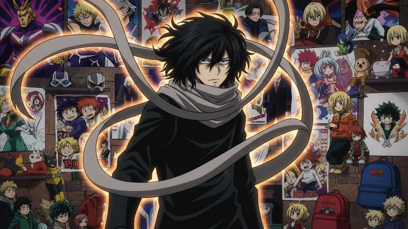 MHA Aizawa standing confidently surrounded by fan art, cosplay, and U.A. High School merchandise, representing his cultural impact and popularity among anime fans