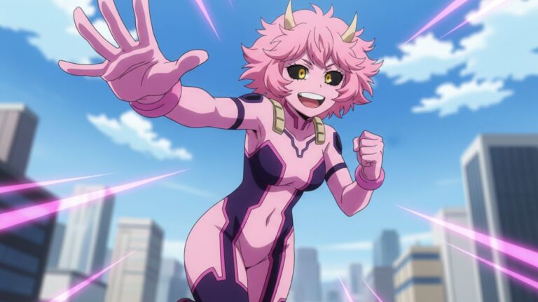 Mha Mina in a pink-skinned character with horns, wearing a purple and pink suit, reaches out with a gloved hand against a backdrop of a city skyline and a bright blue sky.