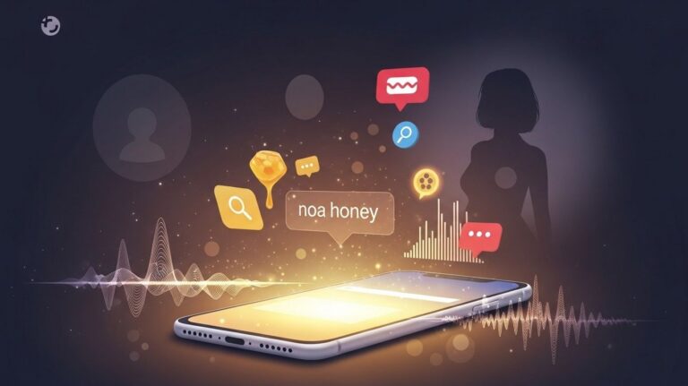 noa honey trending search concept with smartphone displaying keyword noa honey, surrounded by social media icons and glowing digital elements symbolizing online curiosity and viral attention