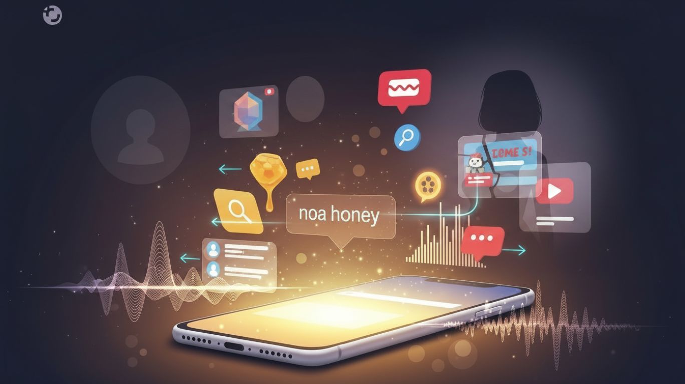 noa honey search intent concept with glowing search bar showing noa honey keyword, surrounded by icons of ai avatar, social media profiles, memes, and video clips representing different meanings users may be searching for