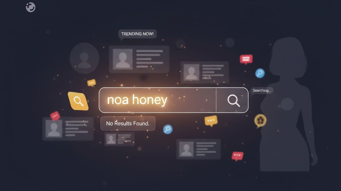 noa honey search trend concept showing a glowing search bar with noa honey keyword, surrounded by anonymous avatars and social media elements representing curiosity about a creator who may not exist