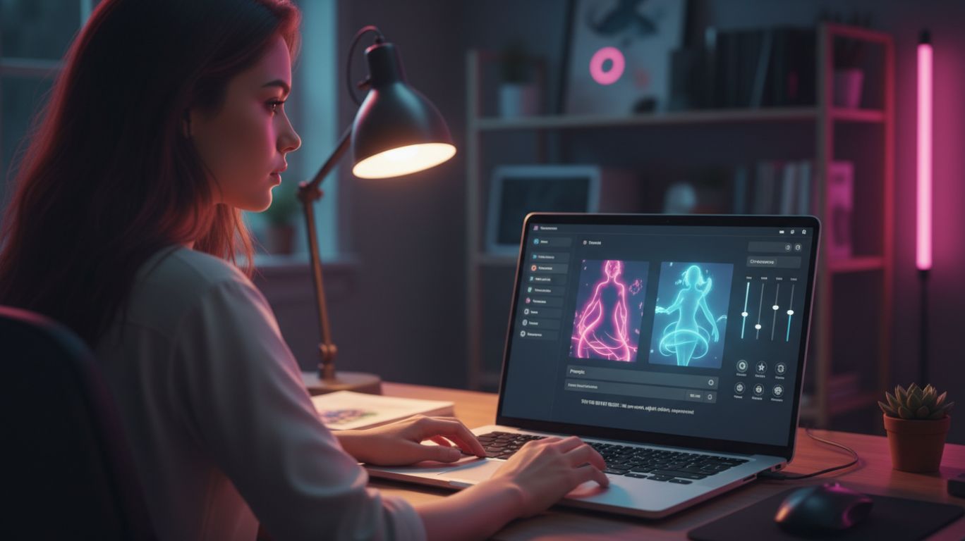 Person optimizing nsfw pics using AI image generator with settings and tools for better results in a creative digital workspace