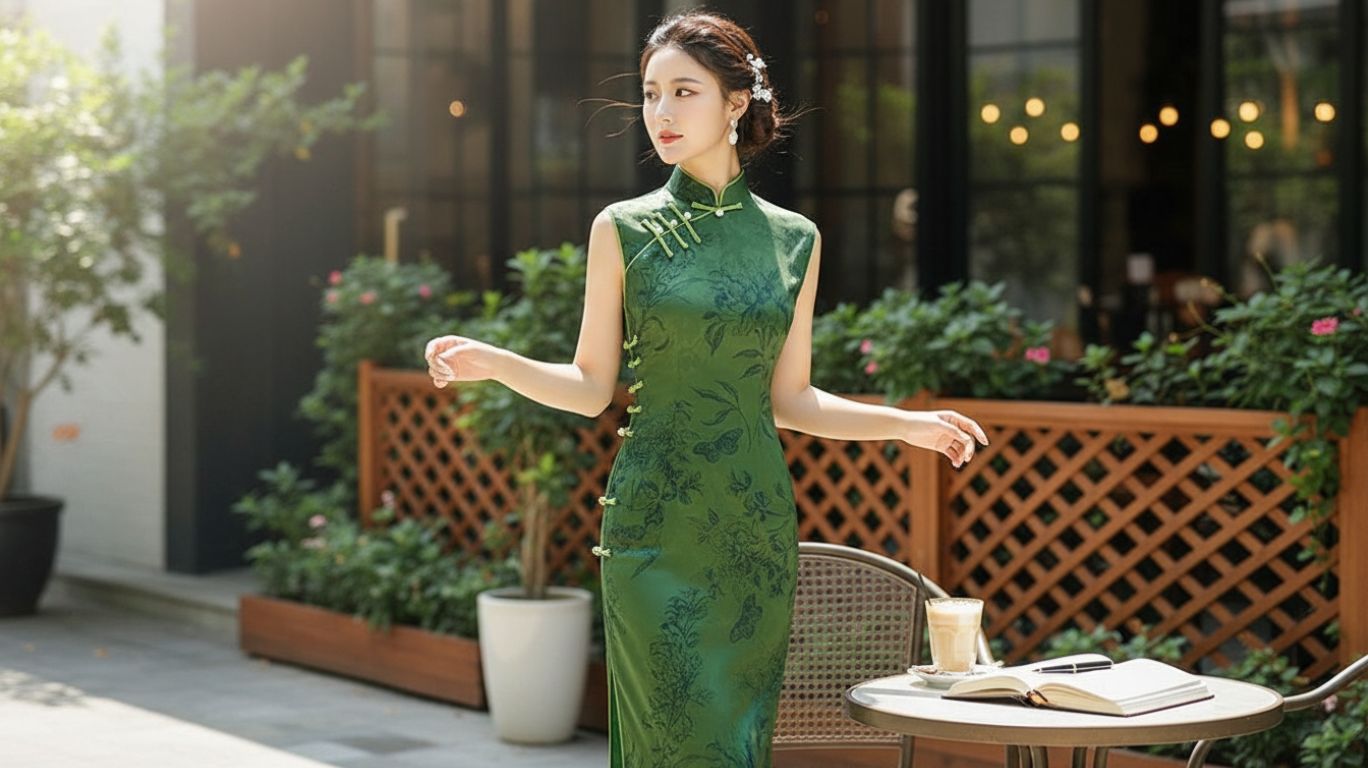 Woman wearing a sleeveless green qi pao with floral pattern, standing outdoors near a table with coffee and an open book, showcasing elegance and modern charm.