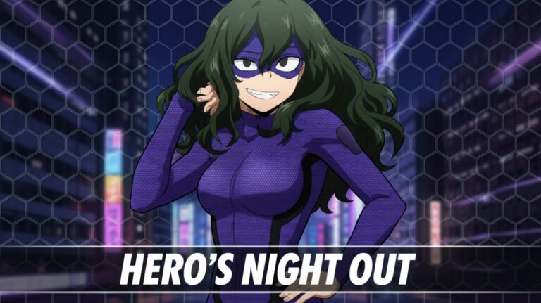 Setsuna Tokage with long, dark green hair and a purple superhero costume with a matching mask smiles with sharp teeth. The background shows a blurred cityscape at night with neon lights and a honeycomb pattern overlay.