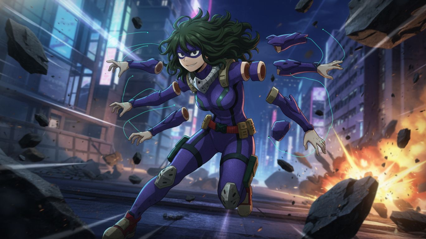 Setsuna Tokage using her Quirk Lizard Tail Splitter to detach and control multiple body parts in mid-air during a high-intensity combat scene, showcasing strategic agility and anime-style action energy in a cinematic battlefield setting.