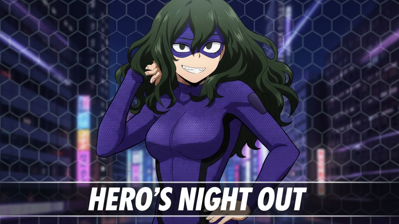 Setsuna Tokage with long, dark green hair and a purple superhero costume with a matching mask smiles with sharp teeth. The background shows a blurred cityscape at night with neon lights and a honeycomb pattern overlay.