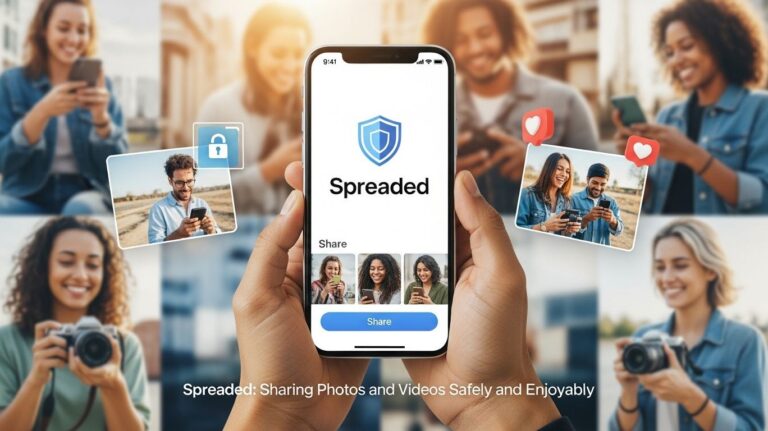 A person holds a smartphone displaying the Spreaded app with a shield logo and options to share photos. Around the phone, smaller images show people smiling and using their phones, some with social media like icons."Spreded: Sharing Photos and Videos Safely and Enjoyably" is written at the bottom.