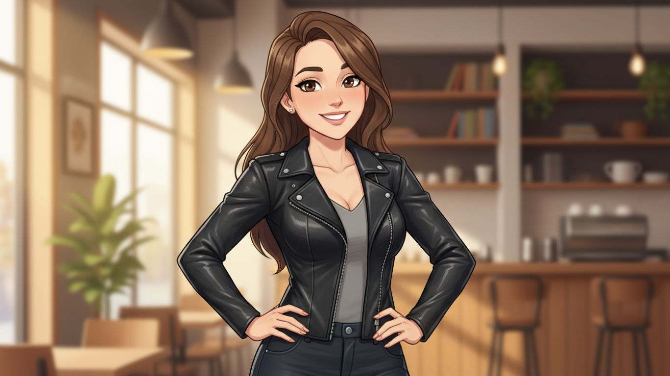 A woman with long, wavy brown hair smiles and stands with her hands on her hips. She wears a black leather jacket over a gray shirt and dark pants. The background appears to be a cafe with tables, chairs, and shelves with mugs featuring subscribe star