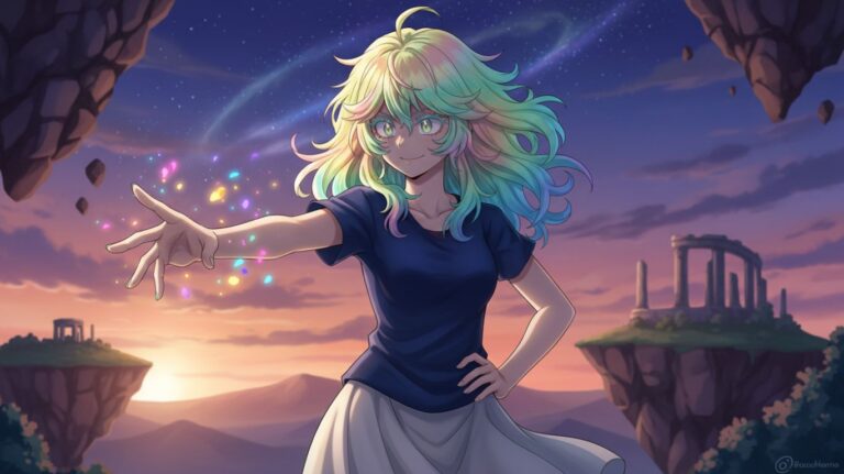 Torur with rainbow-colored hair casts glowing particles from their hand against a sunset sky with floating islands and ancient ruins.