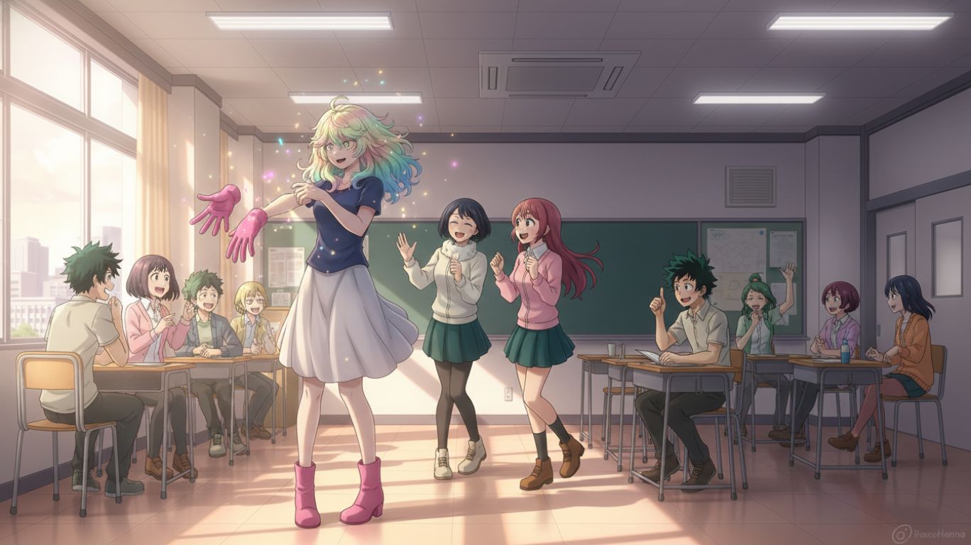 Toru Hagakure fan appeal scene showing the invisible hero’s subtle presence in a classroom setting, highlighting her invisibility quirk through floating clothing and light distortion while classmates interact warmly around her, emphasizing admiration and charm despite being unseen.