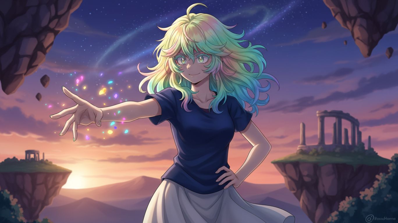 Torur with rainbow-colored hair casts glowing particles from their hand against a sunset sky with floating islands and ancient ruins.