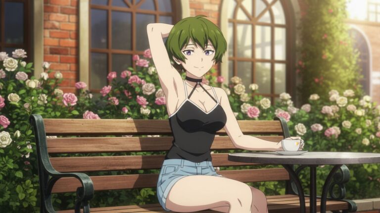 Ubel, a person with short green hair sits on a bench in front of a rose bush, holding a cup of tea and resting their arm behind their head.