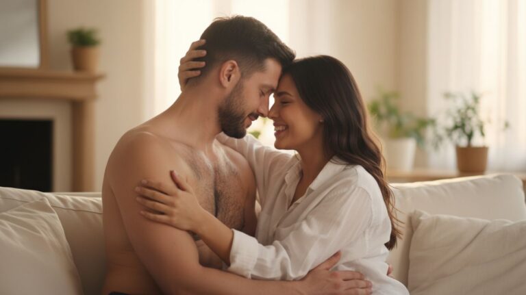 A couple embracing on a couch, with their foreheads touching and smiling at each other, representing what is cnc kink