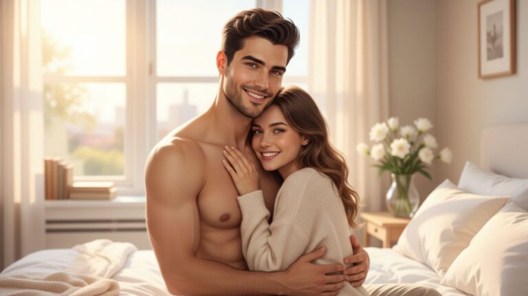 A couple embracing on a bed in a sunlit room. The man is shirtless, and the woman is wearing a sweater. A vase of white flowers sits on a nightstand nearby, representing wholesome porn