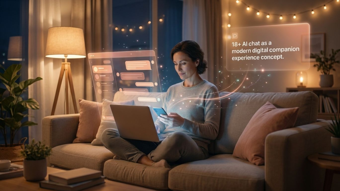 An adult using an AI chat interface on a laptop at home, representing emotional connection and comfort through 18+ ai chat conversations in a modern digital setting.
