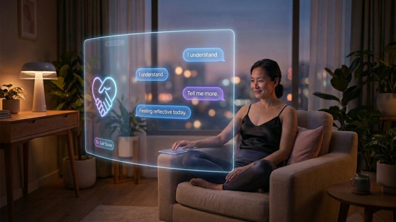 An adult engaging with a glowing AI chat interface in a calm modern setting, symbolizing emotional connection, self-expression, and digital companionship through 18+ ai chat.