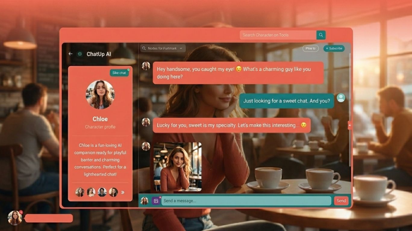 A screenshot-style image of an 18+ ai chat dating app interface showing a chat conversation between users named Chloe and another person, displayed on a modern mobile screen, set against a softly blurred background of a cozy café with warm lighting and a relaxed atmosphere.