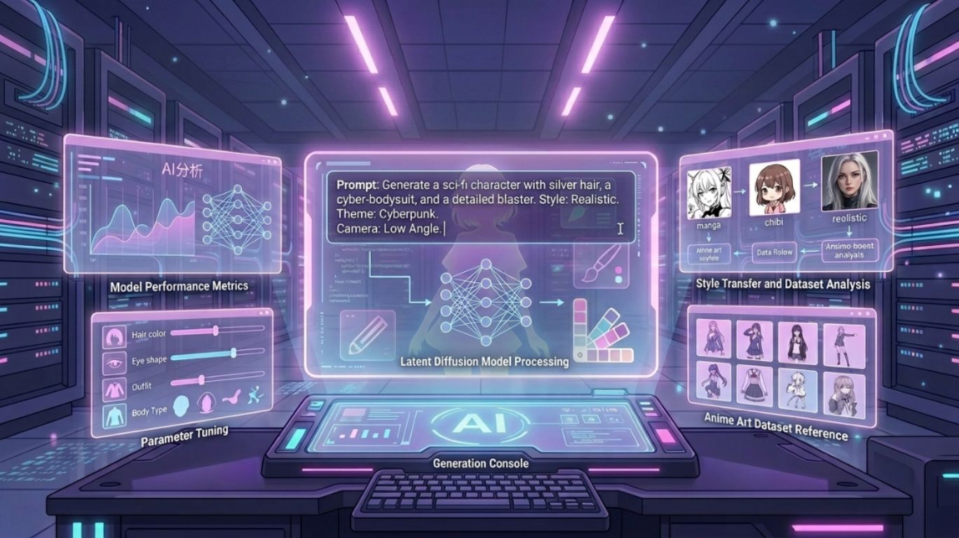 ai anime porn concept illustration showing how AI anime generators work, featuring digital prompt interfaces, neural networks, and anime-style character creation tools for customizable AI-generated content.