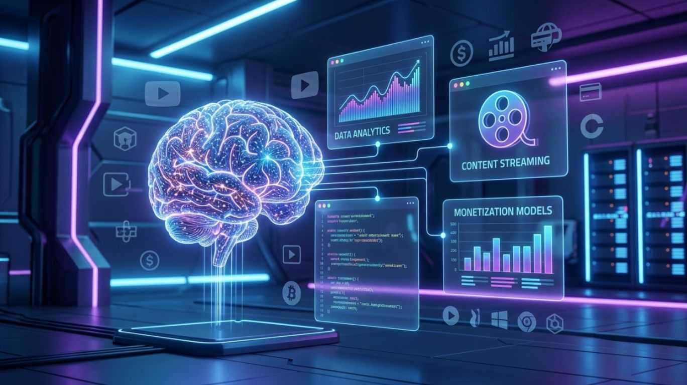 AI porno and the rise of artificial intelligence in the adult industry, illustrating how technology transformed digital entertainment through streaming, automation, and innovation in media platforms. Futuristic abstract tech background representing AI disruption in content creation.