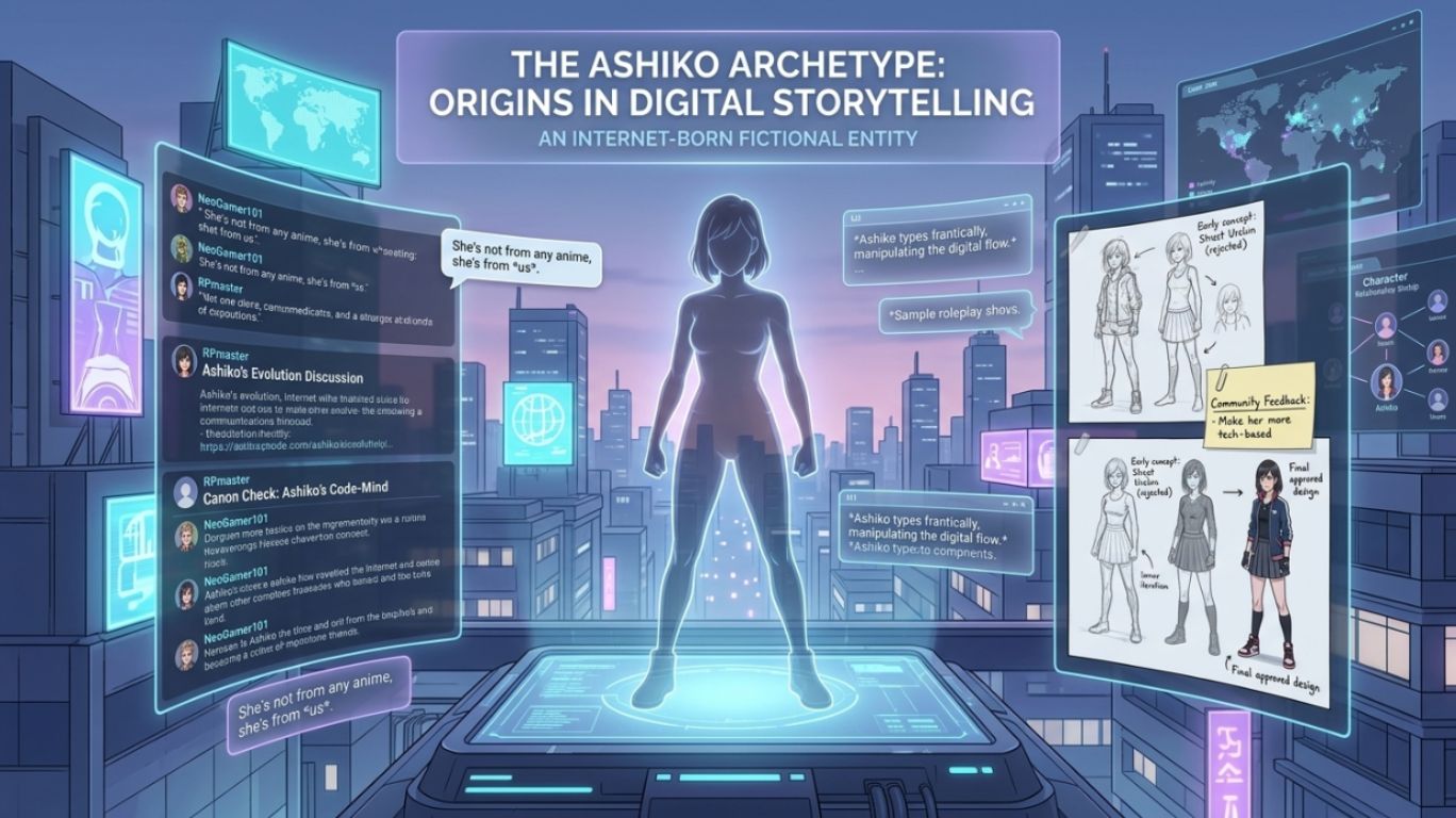 Ashiko character concept in modern AI roleplay platforms showing anime-style avatar creation, chat interfaces, and digital storytelling communities