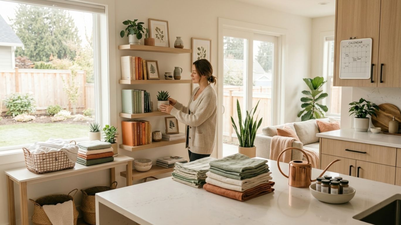 Domesticity practiced through simple daily home routines in a cozy and organized living space promoting balance and comfort.