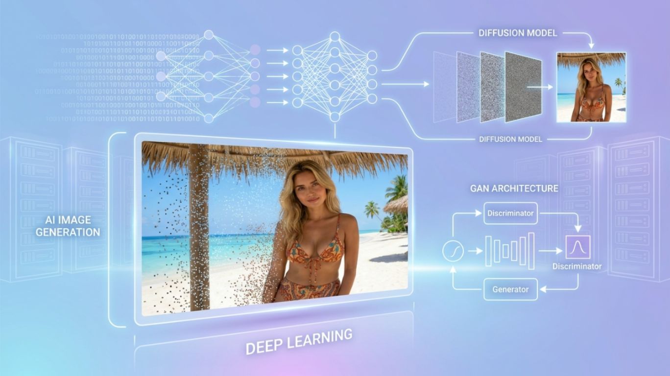 A technical infographic explaining how porn ai free tools utilize deep learning, GAN architecture, and diffusion models to generate realistic synthetic images of people in tropical settings through neural network pattern recognition.