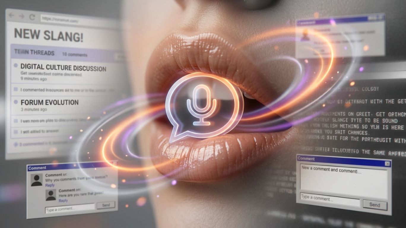 Abstract digital illustration of the slang term ‘lips that grip’ showing stylized lips symbolically holding a microphone against a blurred internet forum background representing early online language culture.