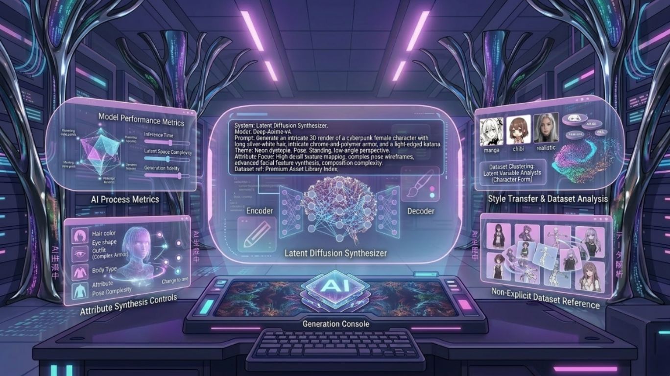 ai anime porn concept visual showing futuristic AI-generated anime creation tools, holographic interfaces, and digital customization systems representing the future of AI-powered anime content generation.