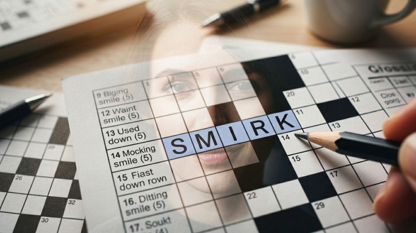 A crossword puzzle page with highlighted clue answers related to mocking smile, showing a subtle connection to expressions like smirk or sneer, representing word puzzle meanings and interpretations.