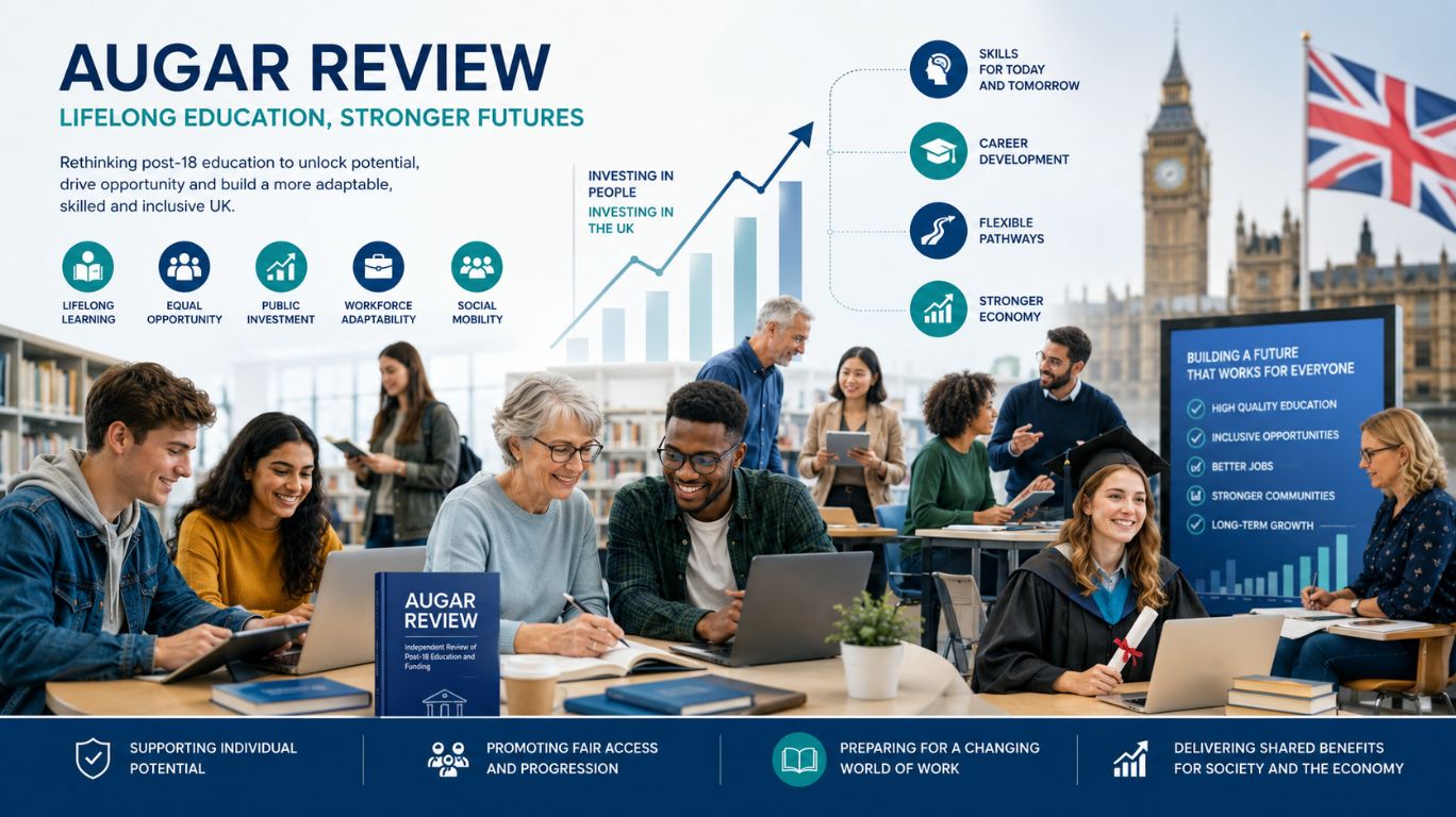 Augar review concept image showing UK students, educators, and post-18 education reform visuals focused on skills development, higher education evaluation, and workforce readiness.