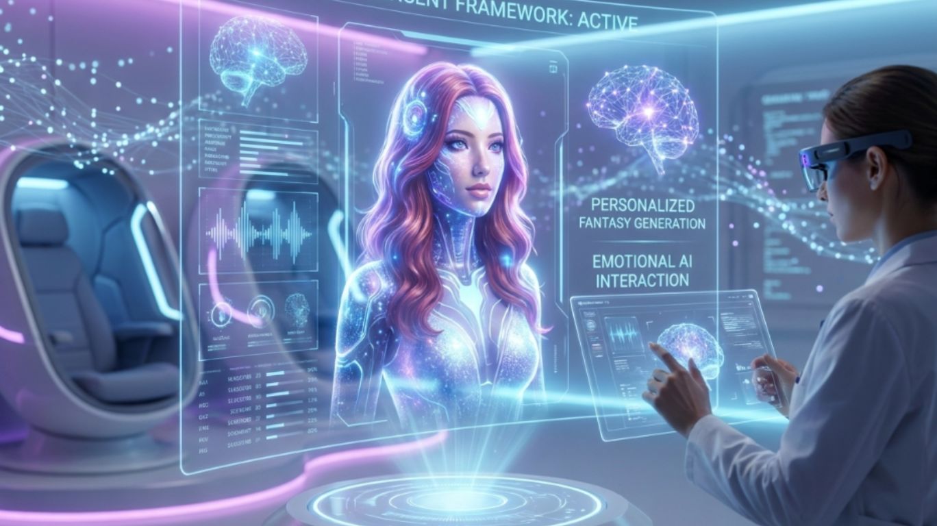 Futuristic AI system visualizing celebrity-inspired digital fantasy avatars in a holographic interface, representing the future of ethical and immersive AI-generated celebrity porn synthetic media experiences