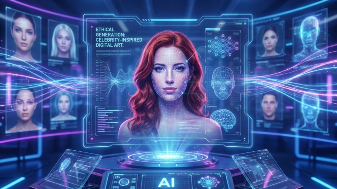 AI-generated celebrity porn-style digital art displayed on a futuristic holographic interface showing how artificial intelligence creates realistic synthetic portraits using neural networks and data visualization