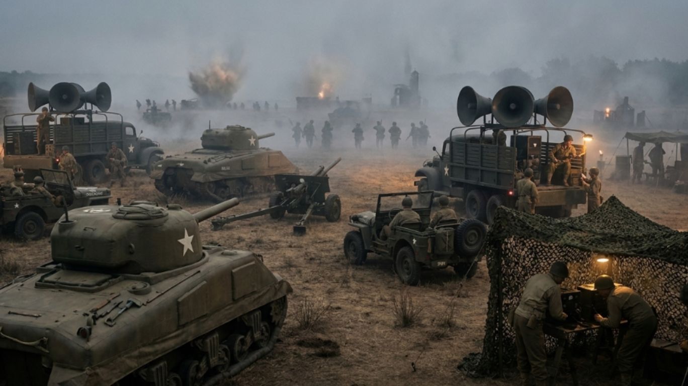 Ghost Army WWII deception unit using inflatable tanks, sound trucks, and radio trickery to simulate a large military force on the battlefield.