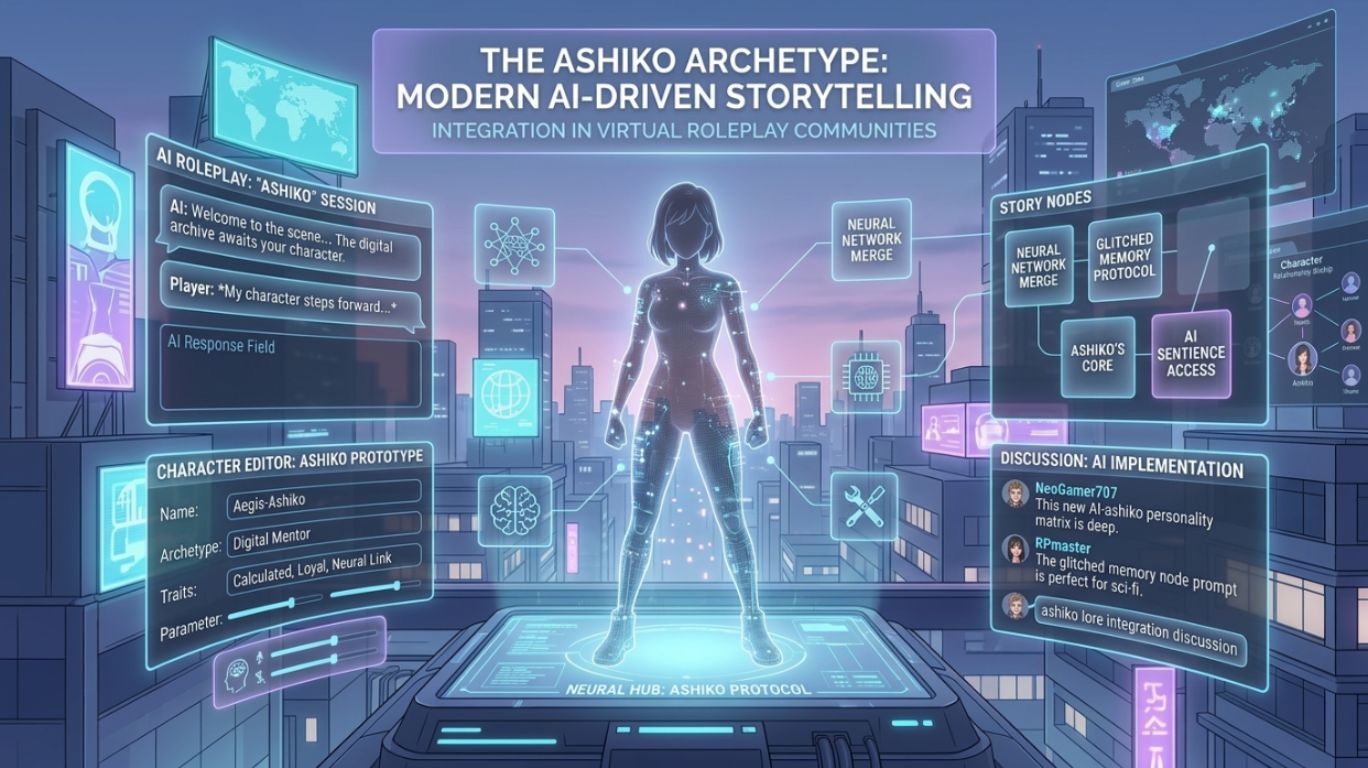 Ashiko concept origin illustration showing anime-style character emerging from online roleplay community discussions and digital storytelling forums