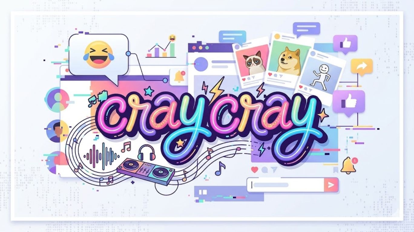 Colorful digital illustration showing the evolution of the slang term ‘cray cray’ through internet memes, music culture, and social media, representing its playful and viral origin online